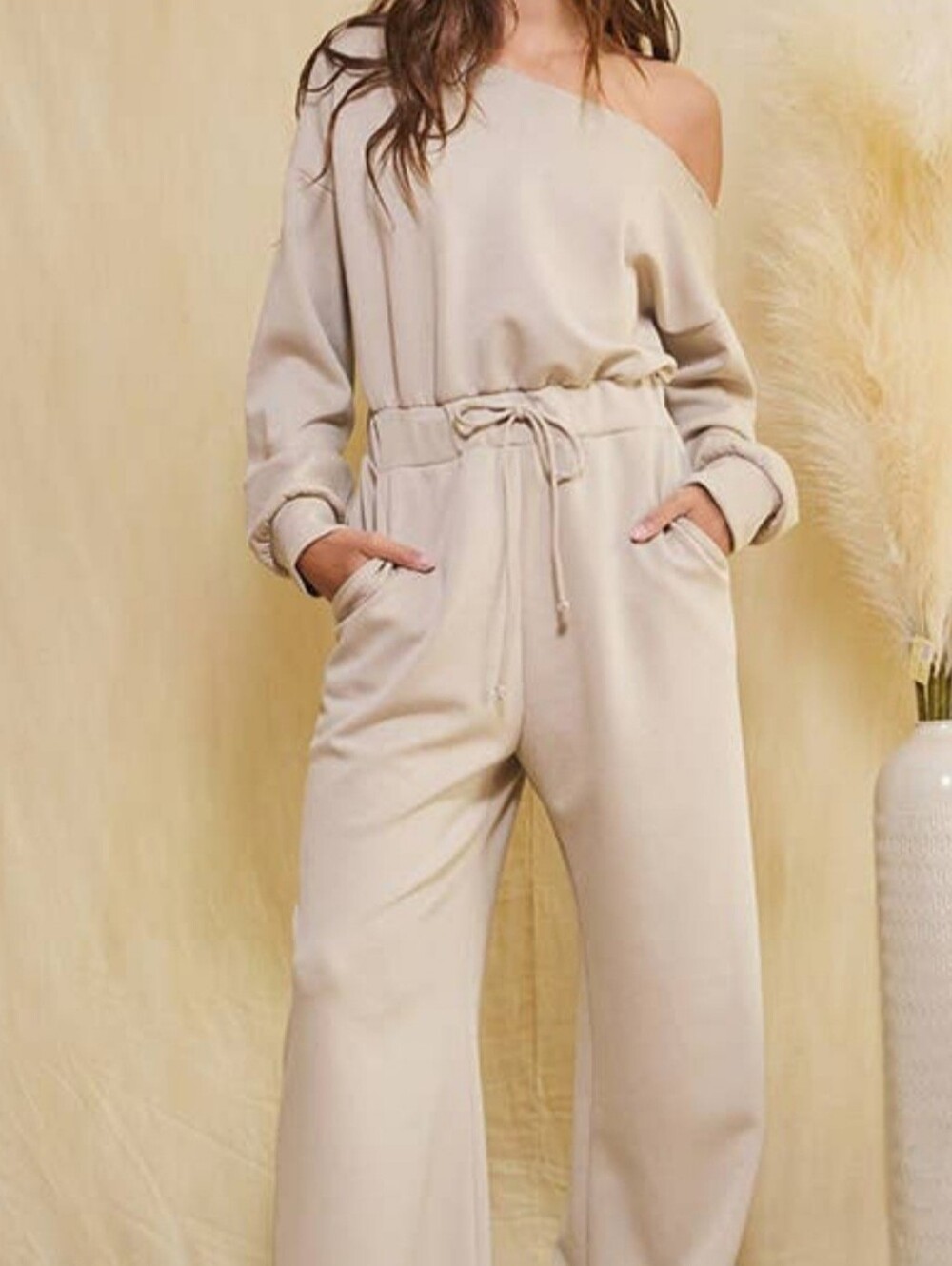 Bucket List Womens Large Beige Wide Leg Jumpsuit Long Sleeve Drawstring Waist